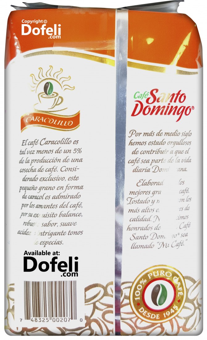 Dominican Republic Santo Domingo peaberry coffee beans with soft acidity and notes of spice in whole bean presentation.